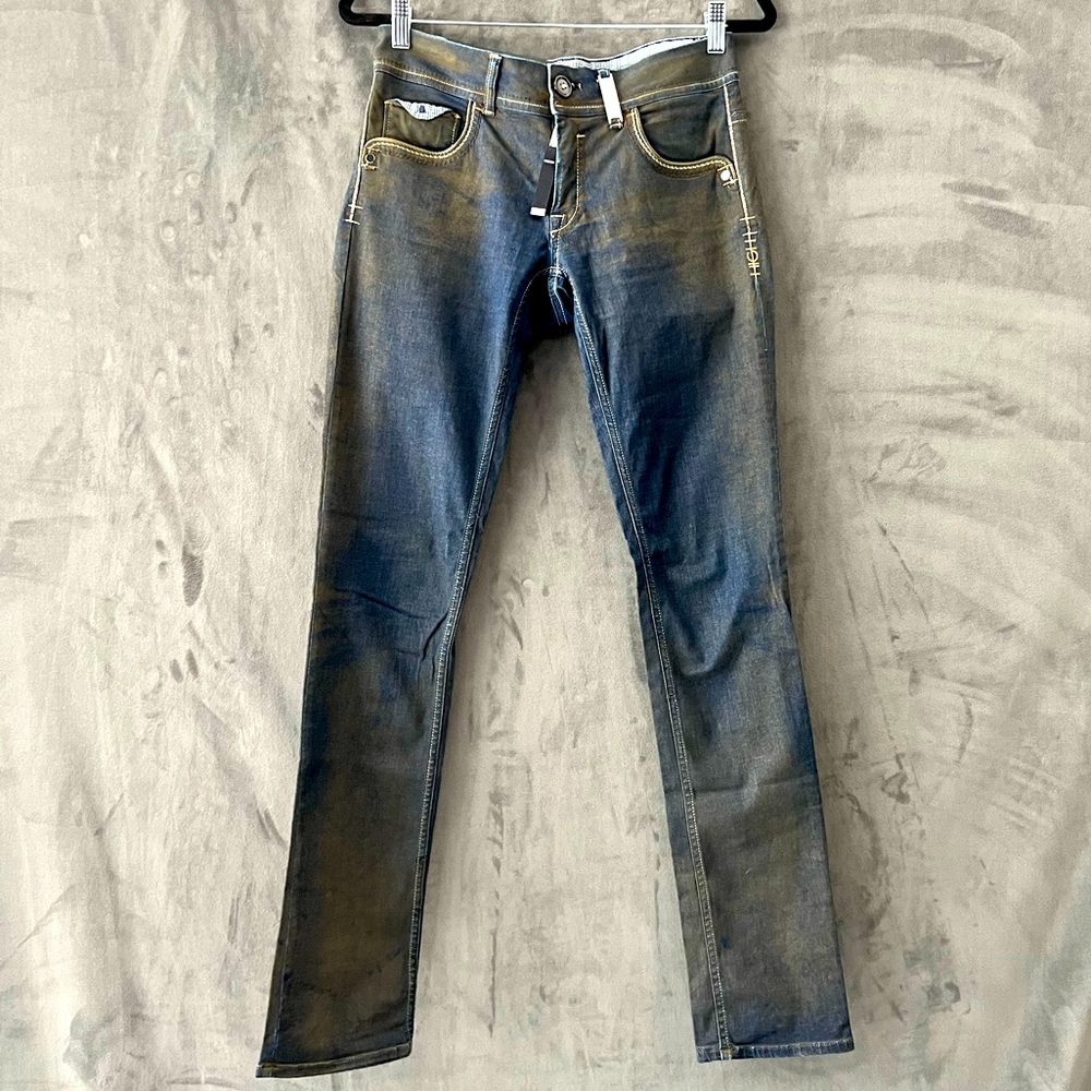 HIGH Japanese indigo/gold Denim pants. Light waxy finish. Low waist. Size 6.